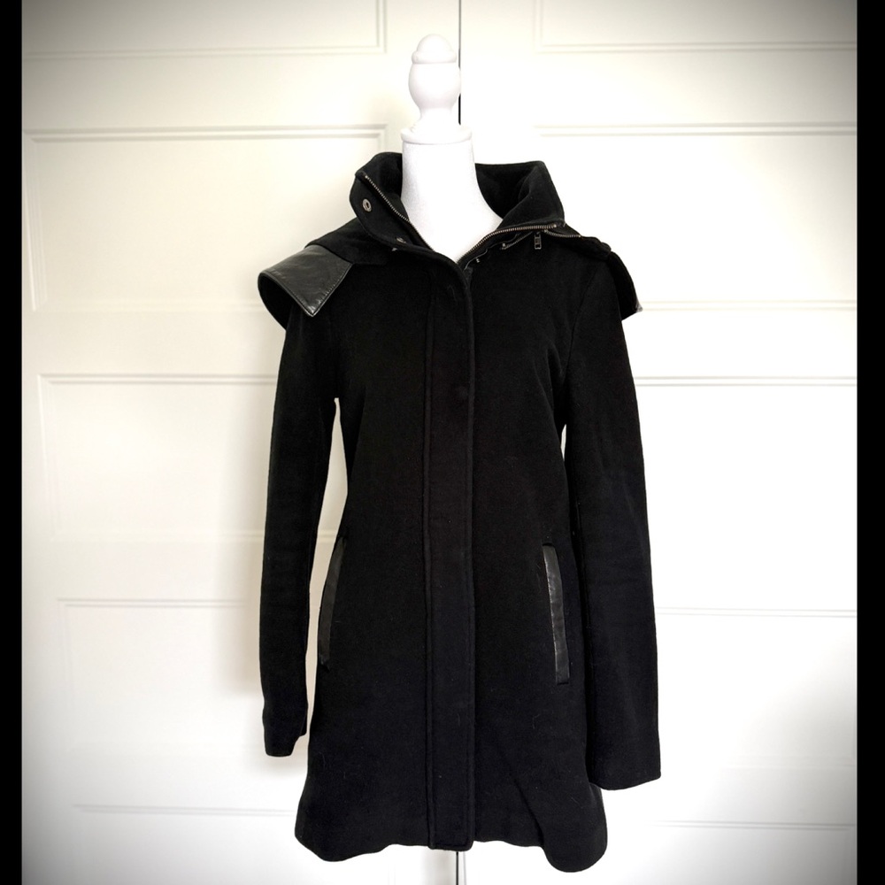 Mackage Mid Length Cashmere Blend Leather Trim Hooded Coat